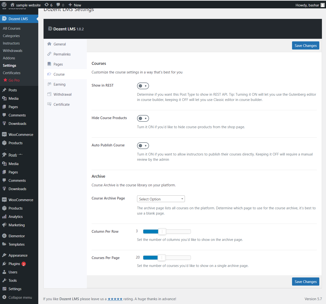 Course settings for Dozent LMS