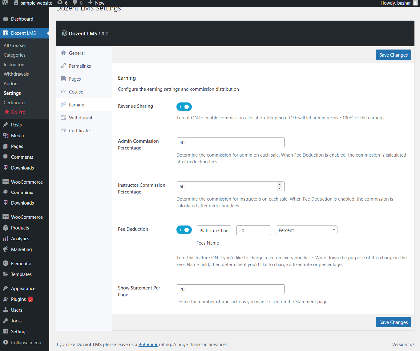 Earning settings for Dozent LMS