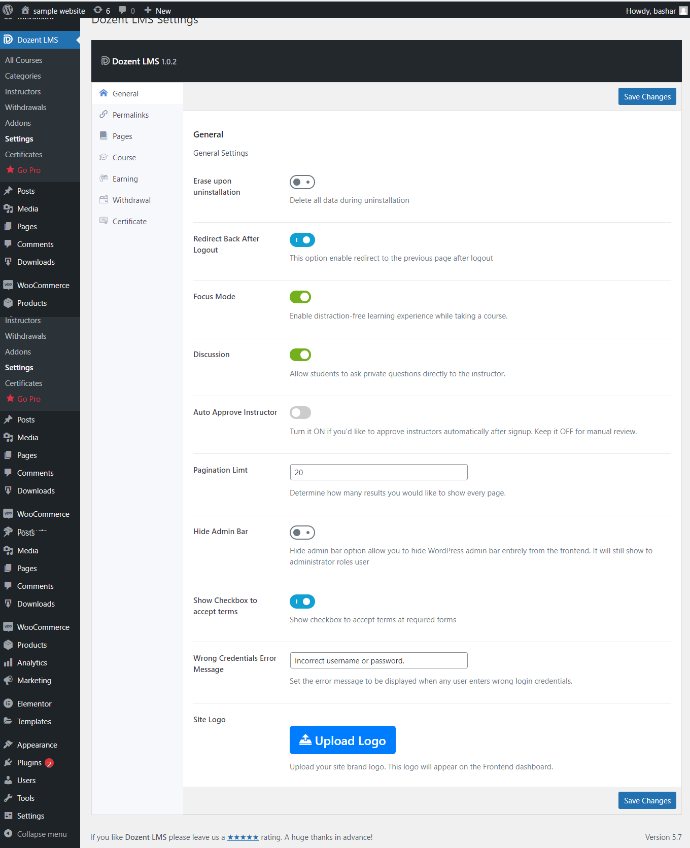 General tab under Dozent LMS settings