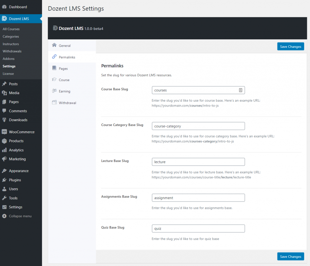 Permalinks settings Dozent LMS