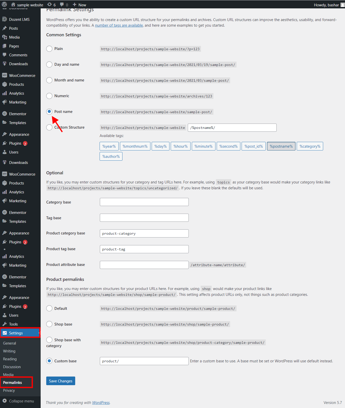 Permalinks settings on Dozent LMS