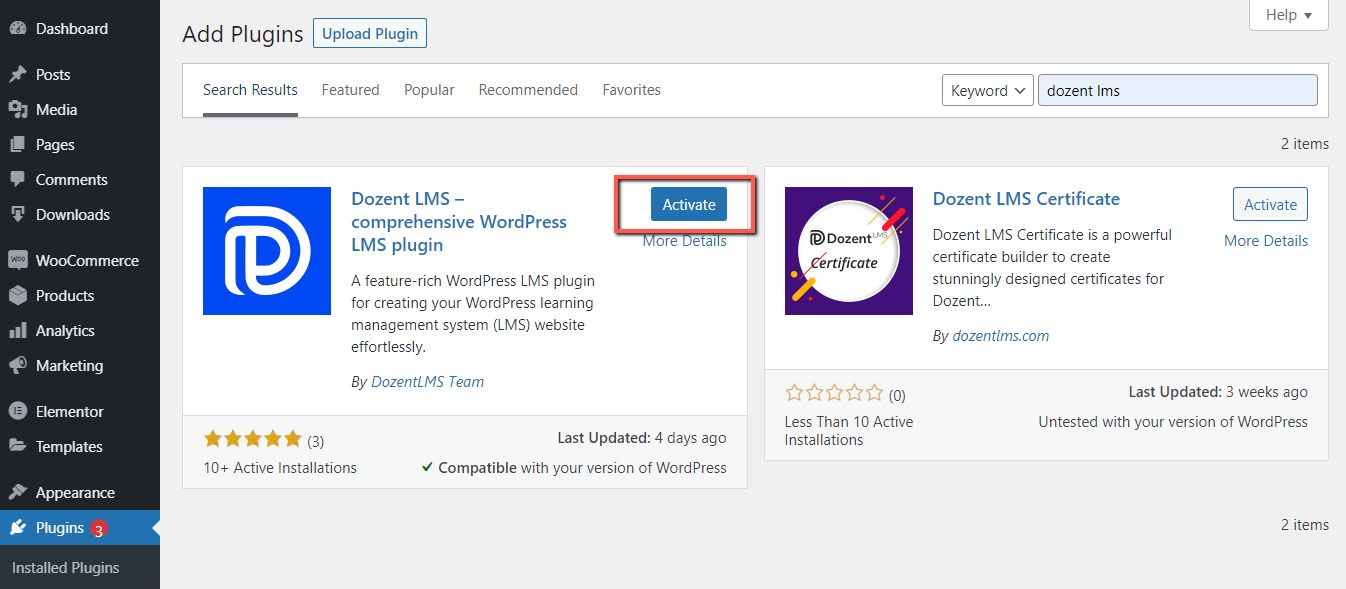 Activate Dozent LMS plugin