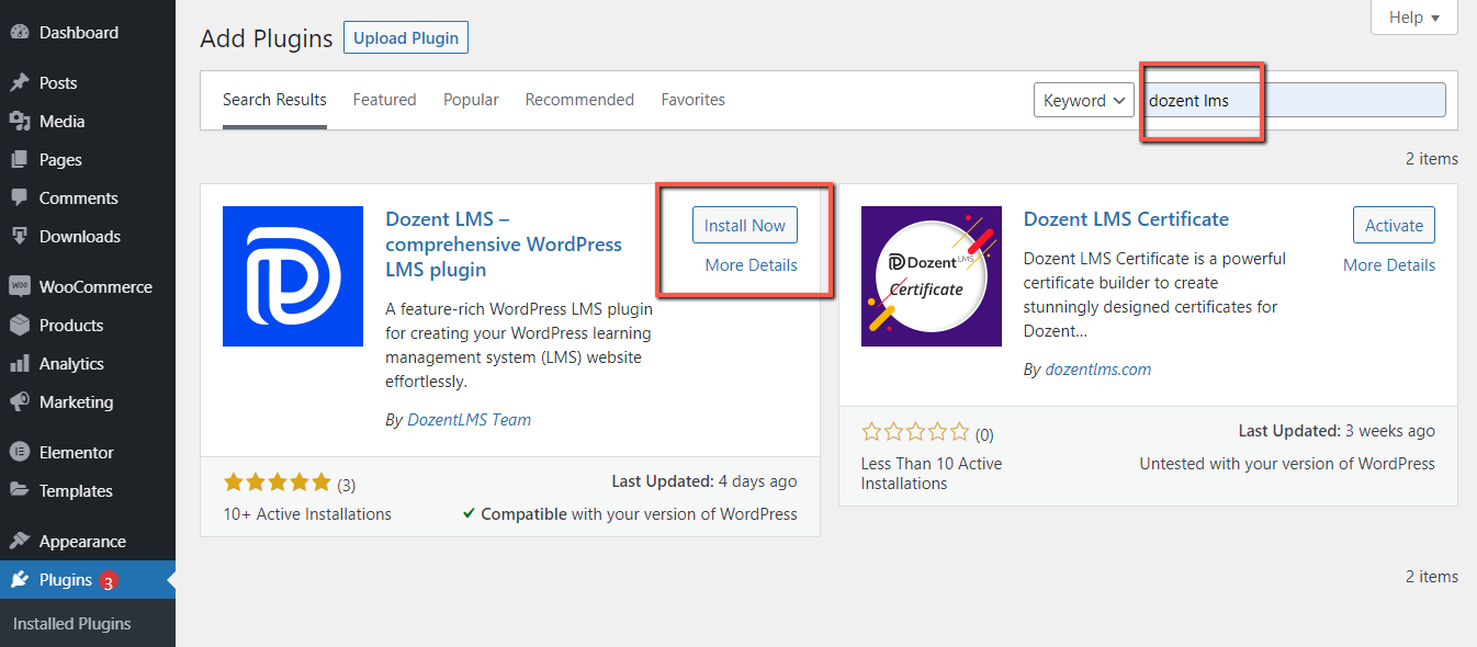 Search and install Dozent LMS