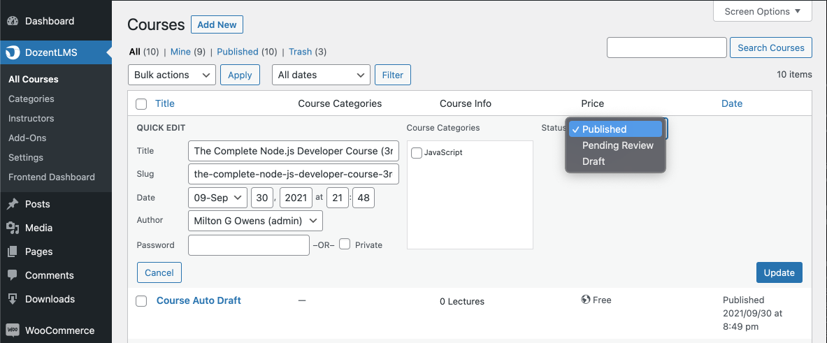 Edit courses from wp dashboard