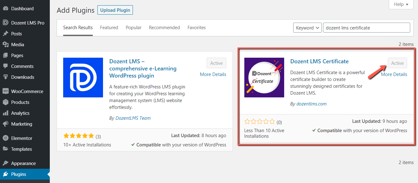 Install Dozent LMS Certificate plugin on your wordpress site