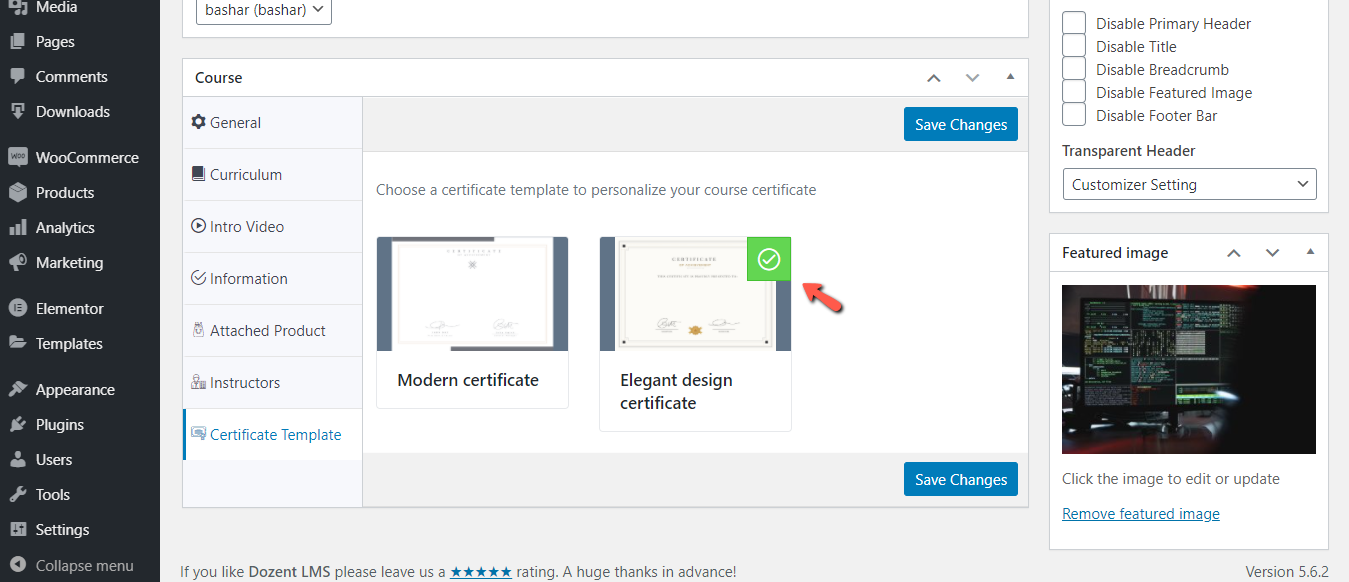 Select specific certificate template for a particular Dozent LMS course