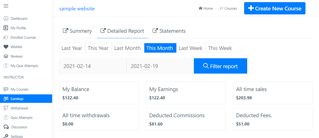 Detailed report of earning Dozent LMS