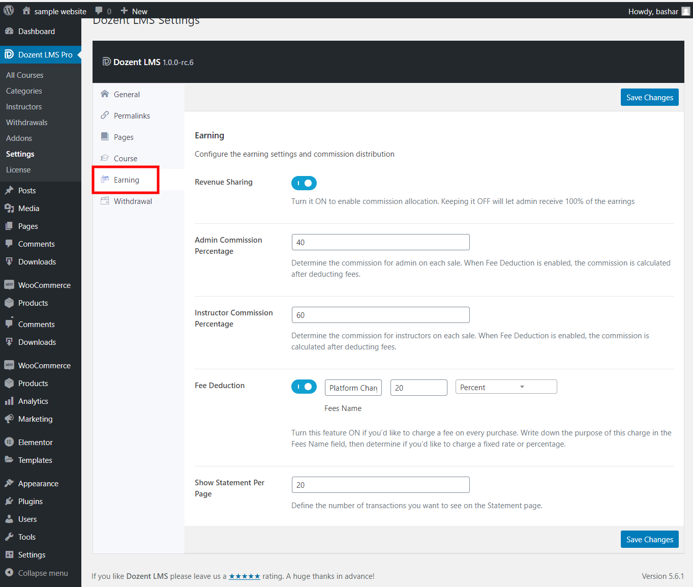 Earning settings on Dozent LMS