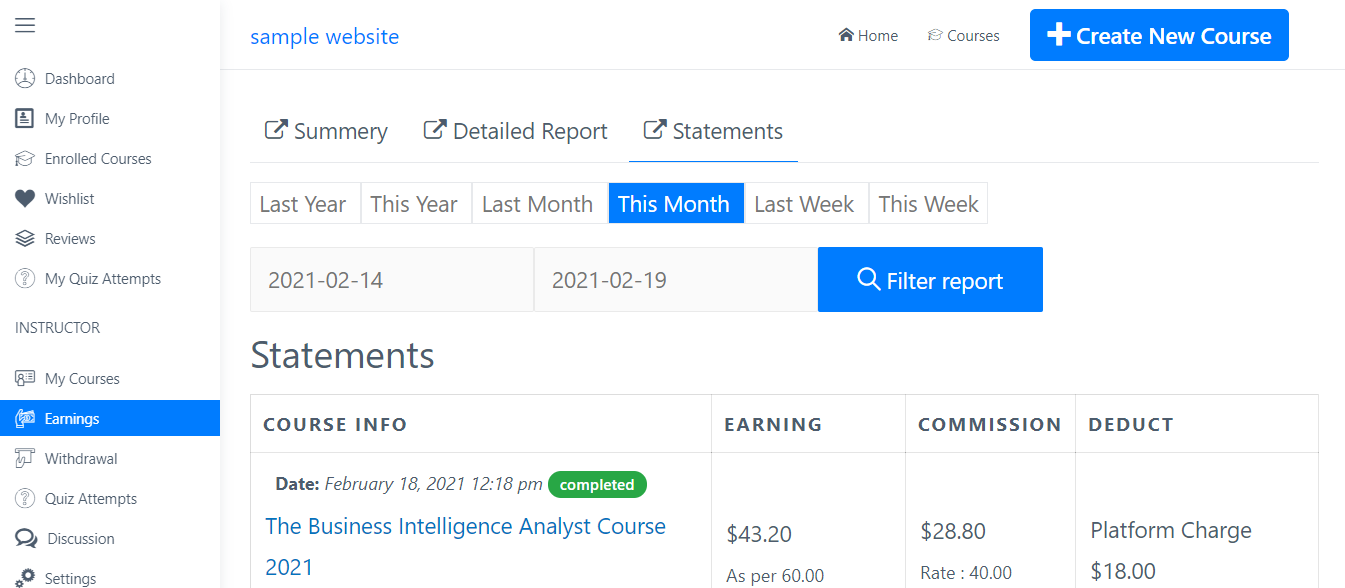 Earning statement Dozent LMS