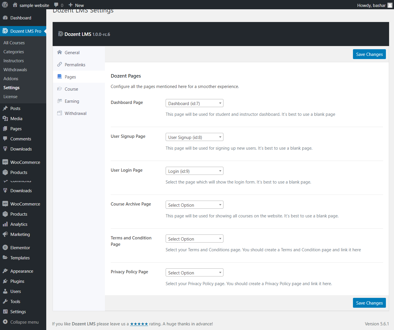 Page settings in Dozent LMS