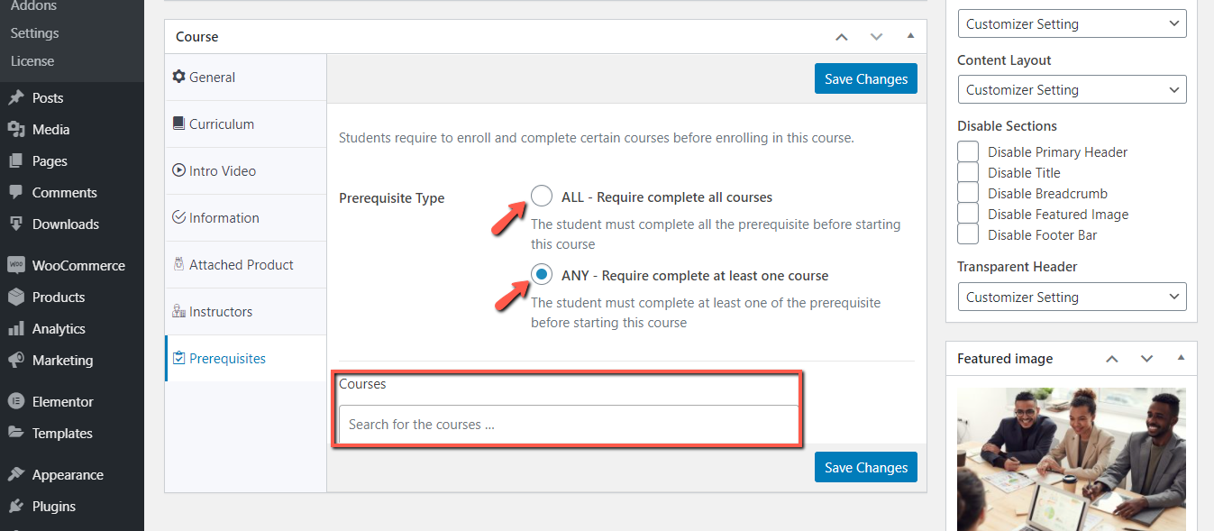 Select prerequisites for a Dozent LMS course