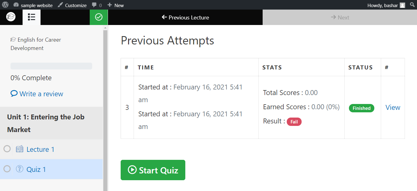 Quiz Result LMS