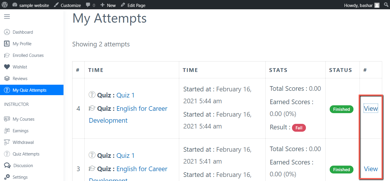 Quiz Result LMS