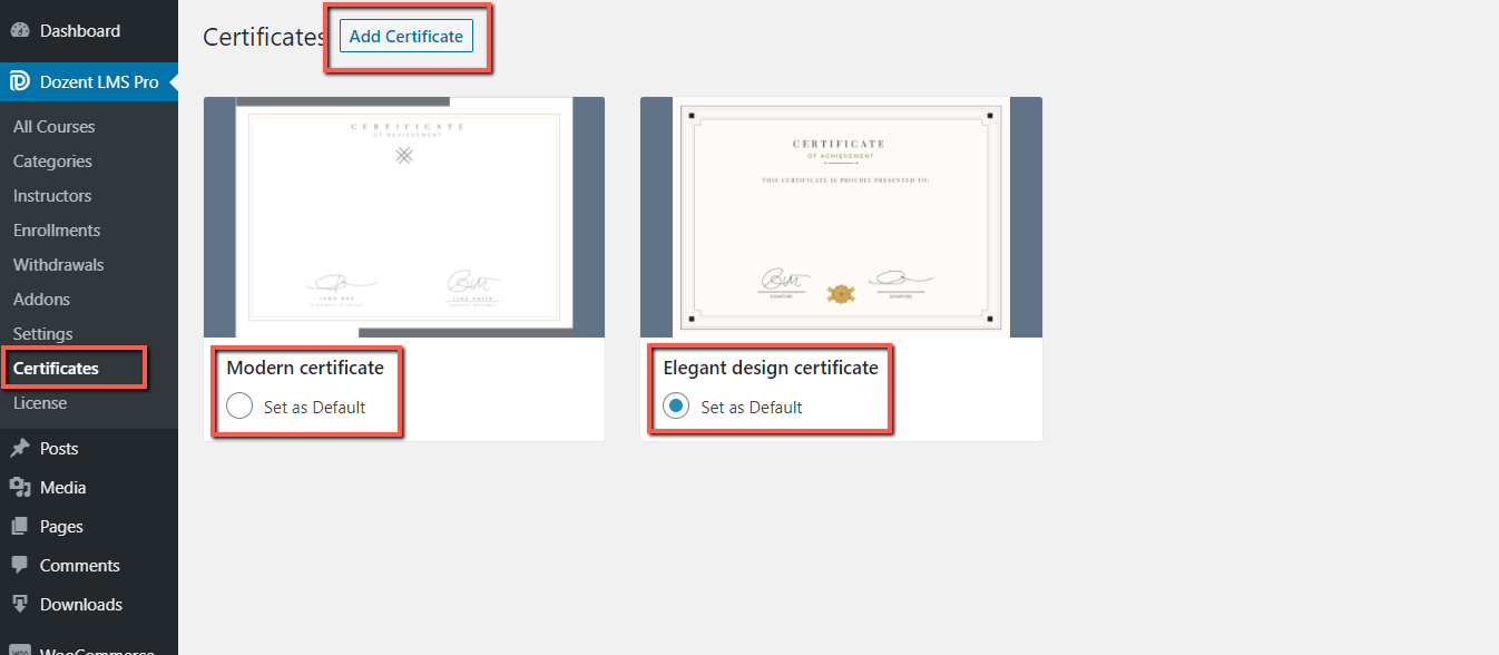 Set default certificate design on Dozent LMS