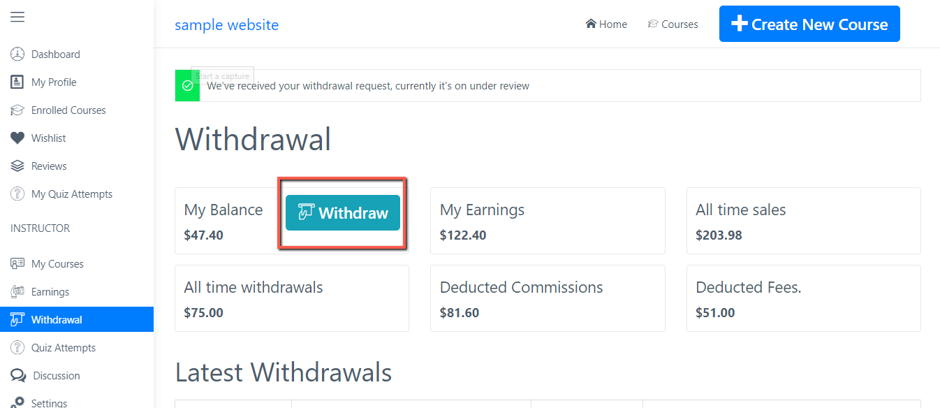 Make a withdraw request on Dozent LMS