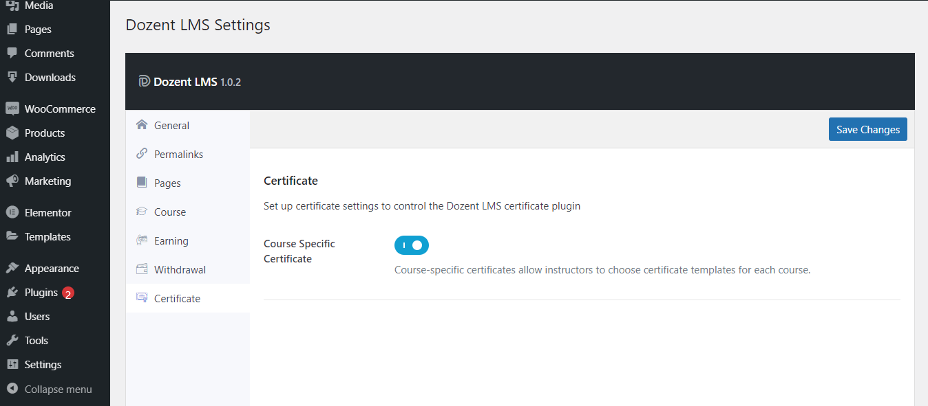 Certificate settings for Dozent LMS